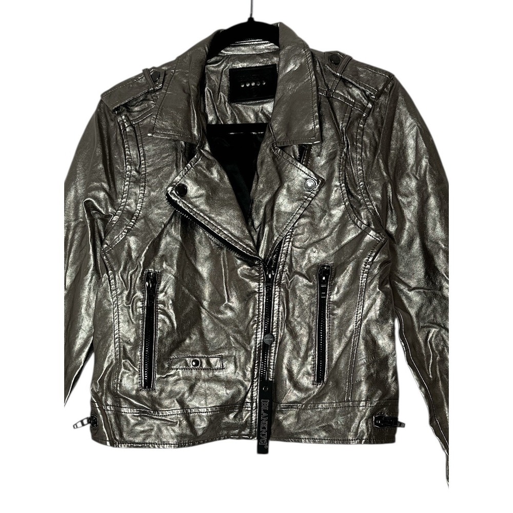 New Blank NYC Jacket Women's XS Silver Faux Leather Pockets Moto Crop Outdoor - Picture 8 of 13